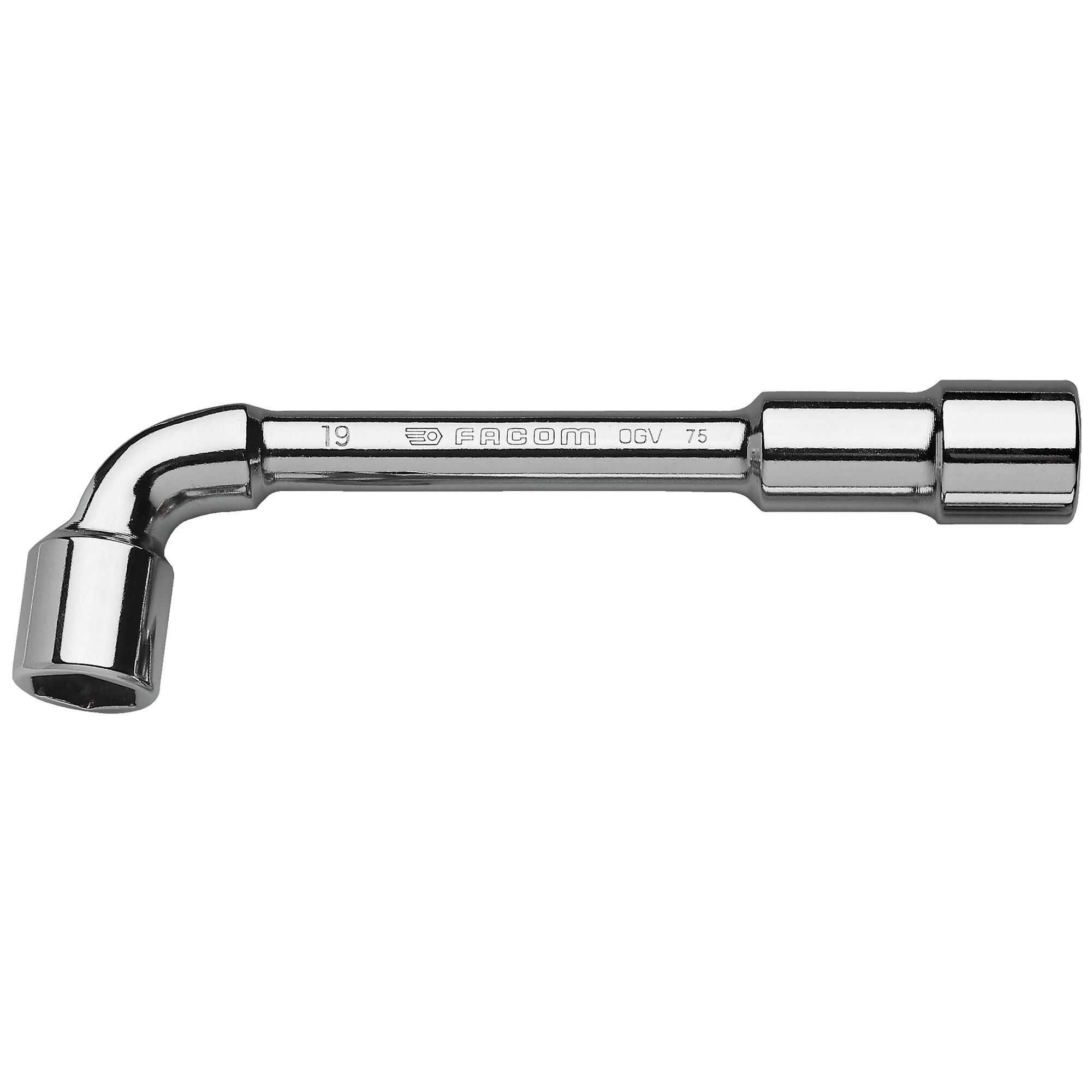Facom 75_1_2 chrome L-shaped socket wrench, side view on white background.